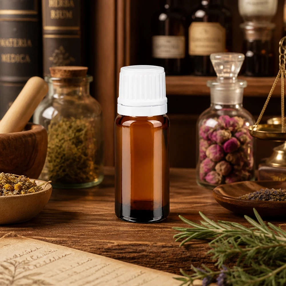 Flacon opac若 10 ml, marron, avec bouchon OV blanc, pour les substances et huiles sensibles aux UV