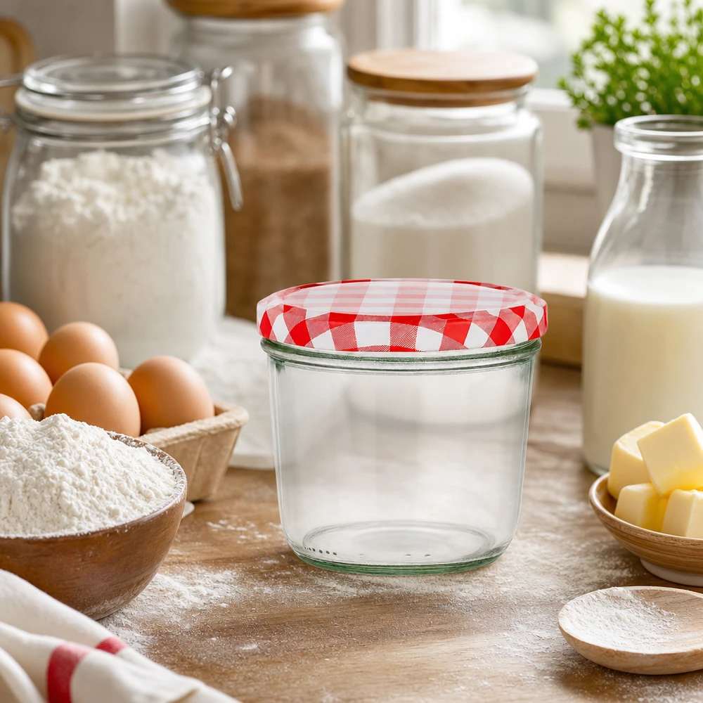 230ml Verre conique avec couvercle BasicSeal rouge/blanc UNiTWIST Bocal vide de 230 ml avec couvercle BasicSeal à carreaux rouges et blancs dans la cuisine entre la farine, les œufs et les produits laitiers.