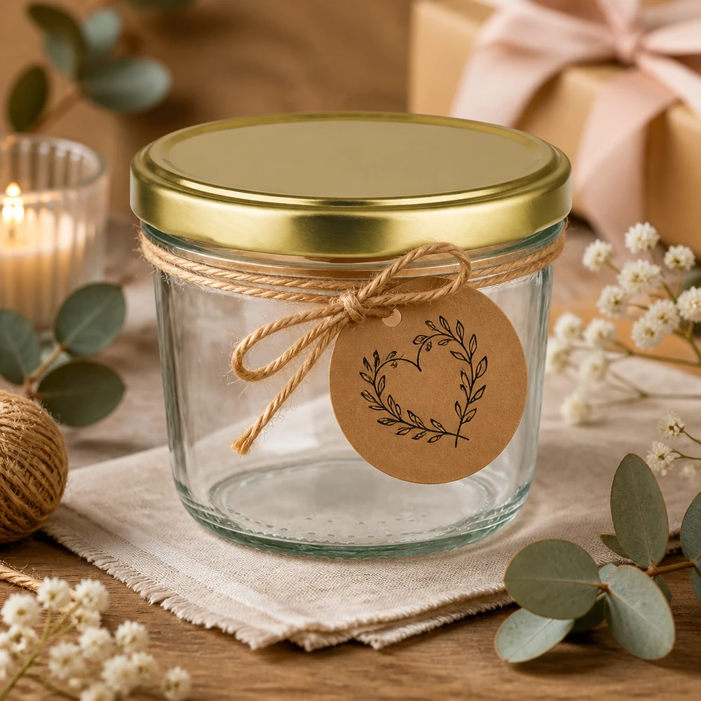 Verre renversé BasicSeal or 230 ml UNiTWIST décoré avec ruban cadeau et étiquette en papier kraft
