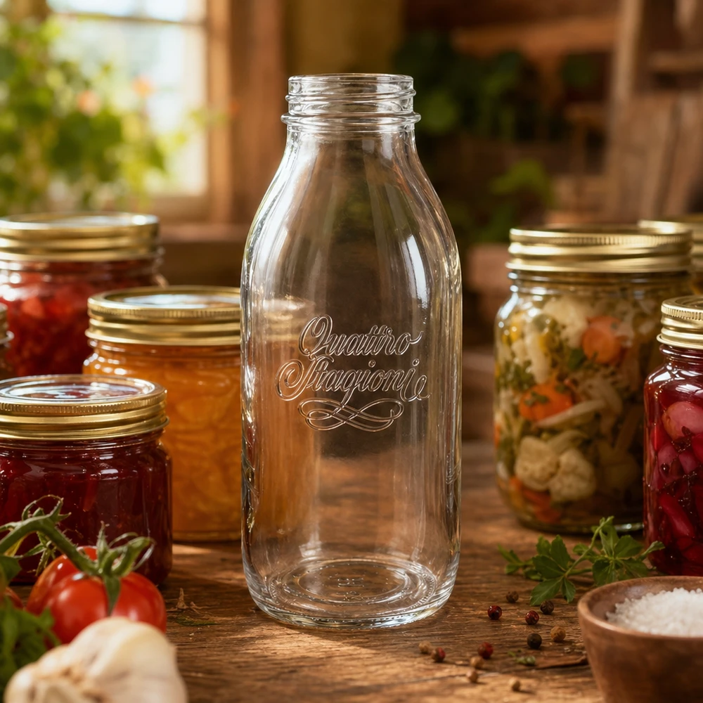Bouteille en verre à col large Quattro Stagioni de 1000 ml pour la mise en conserve et la conservation des aliments sur table en bois
