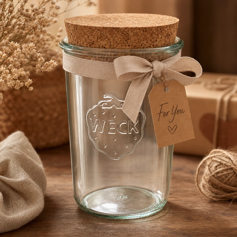WECK Pot renversé 850ml RR100 arrangé de manière décorative avec couvercle en liège Ruban et étiquette cadeau comme idée de cadeau