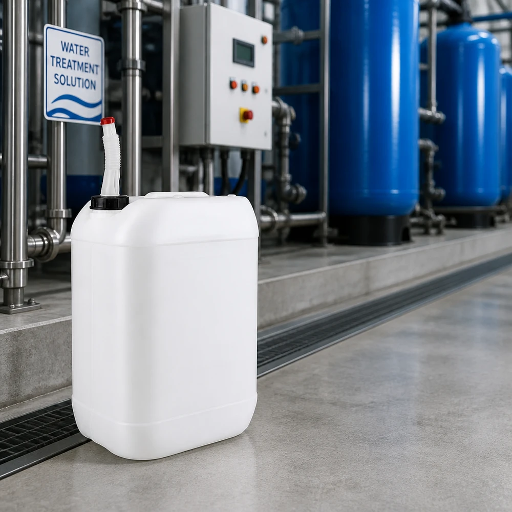 Bidon de traitement de l'eau de 25 litres avec tuyau de sortie flexible, destiné à une installation professionnelle de traitement de l'eau