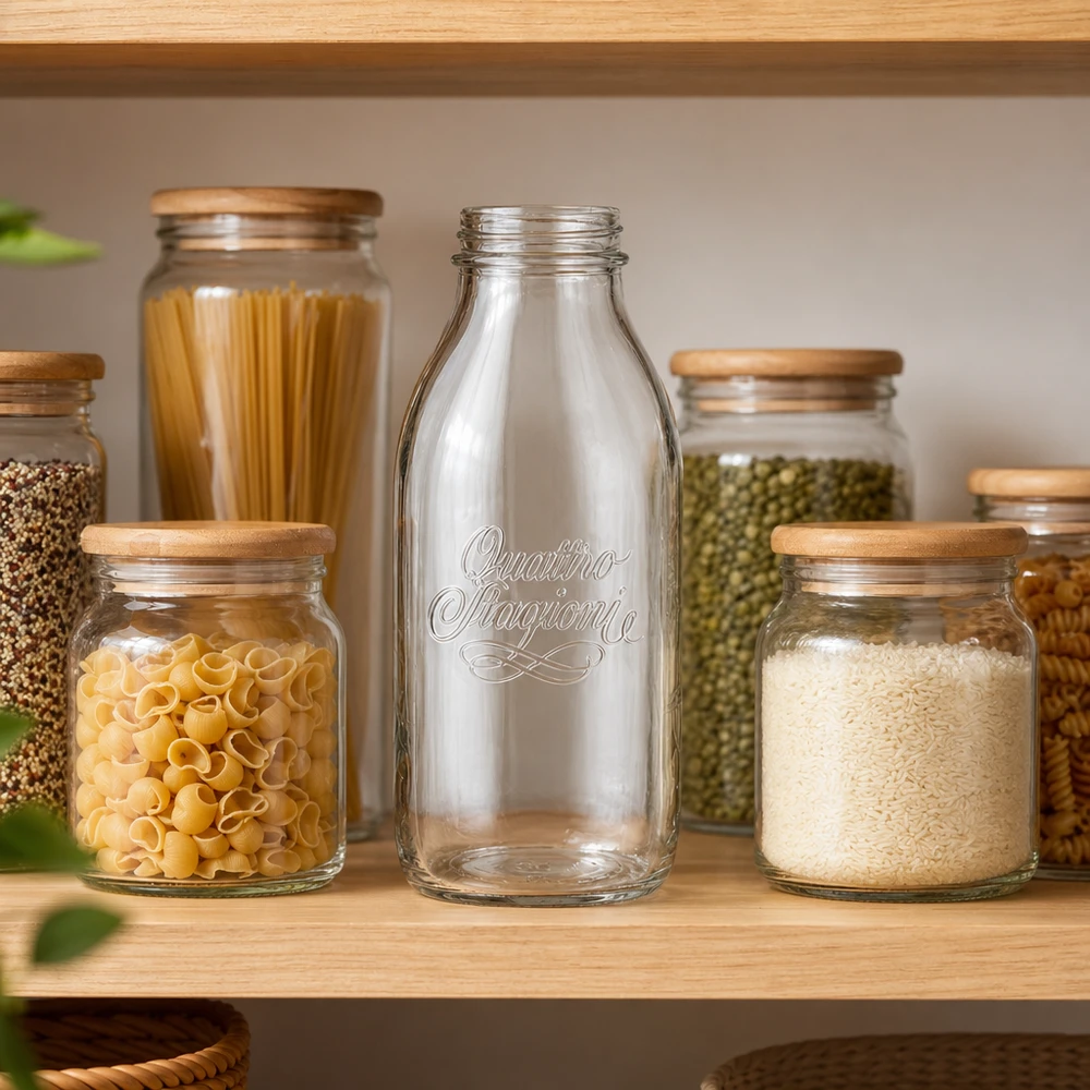 Bouteille à col large Quattro Stagioni de 1000 ml en verre avec couvercle en bois entre les bocaux de stockage avec pâtes et riz sur l'étagère