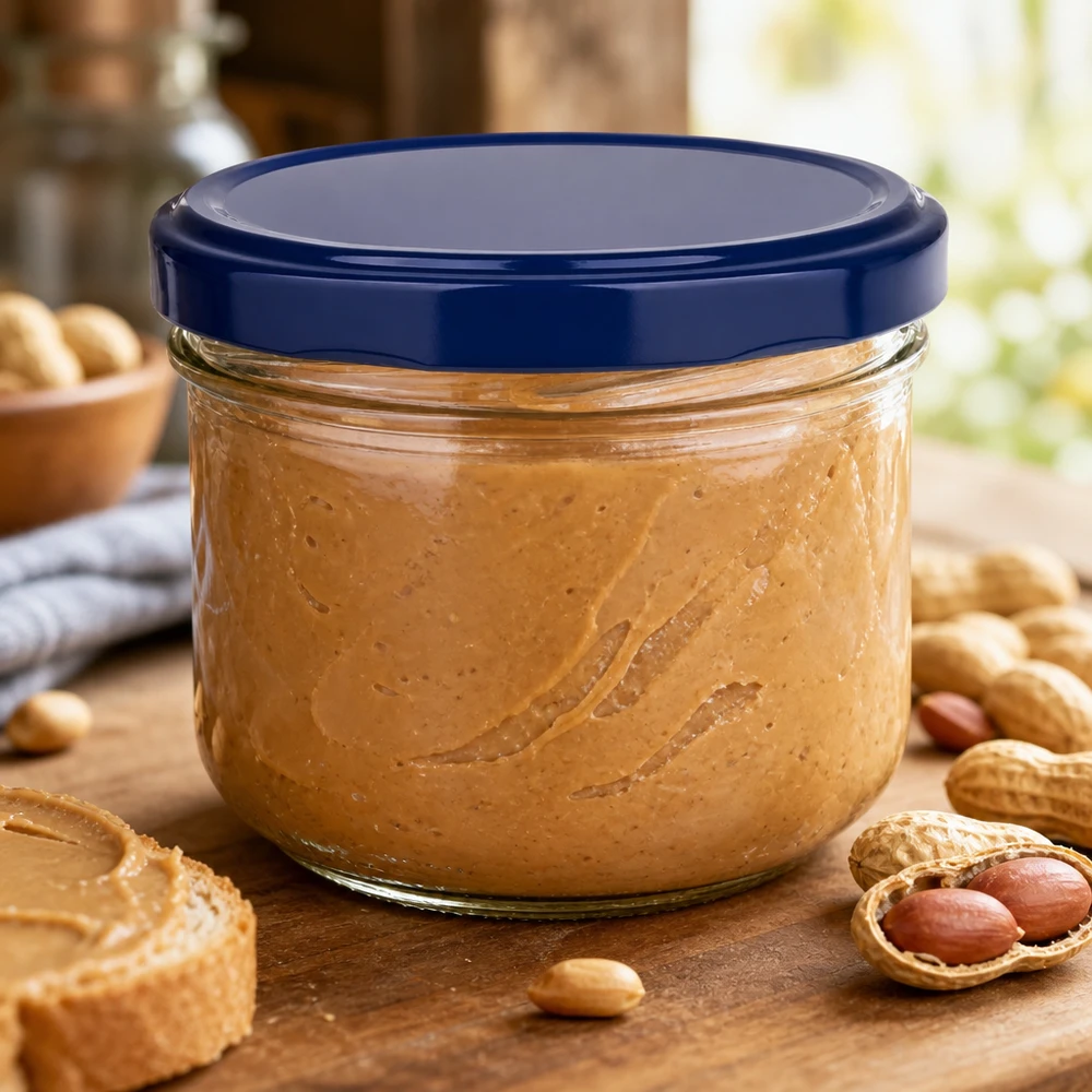 260ml pot renversé avec couvercle BasicSeal bleu rempli de beurre de cacahuètes entouré de cacahuètes sur table en bois