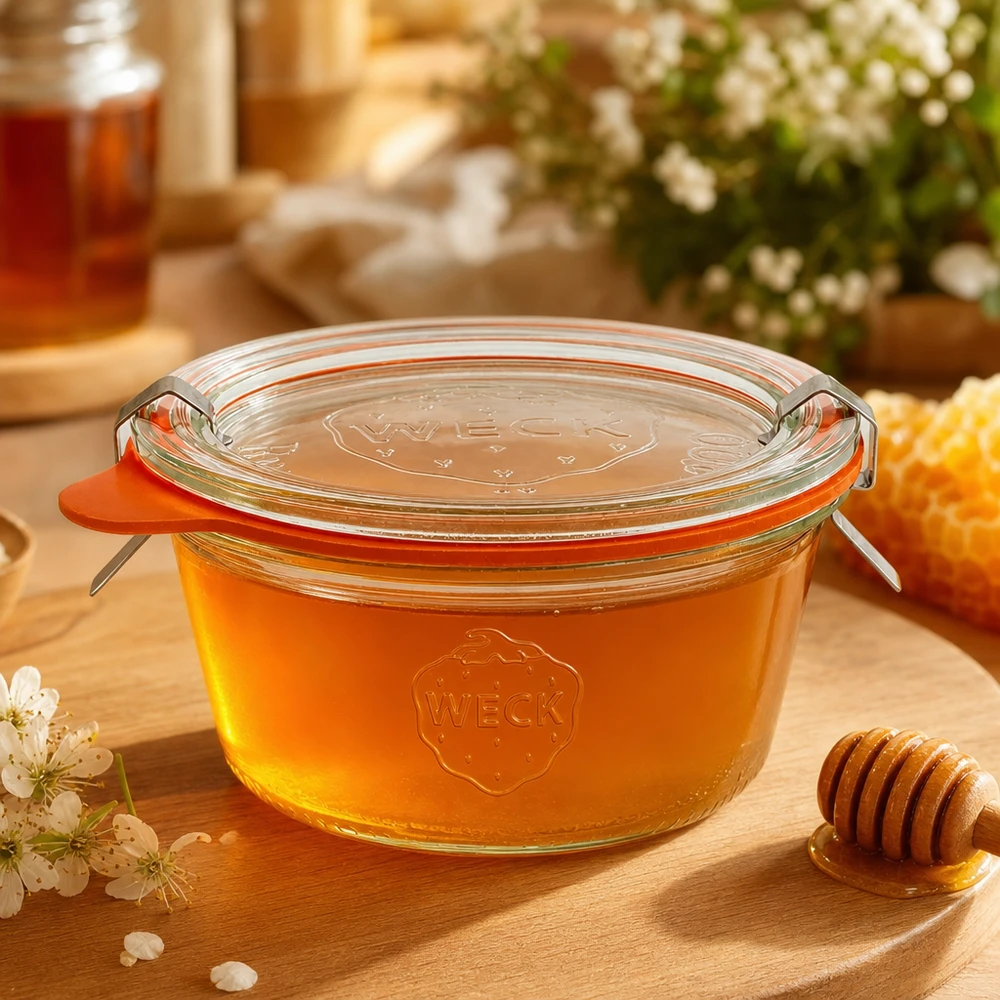 290ml bocal conique faible complet WECK RR80 WECK Pot renversé 290ml RR100 rempli de miel doré à côté de la cuillère à miel et des rayons comme conservation naturelle