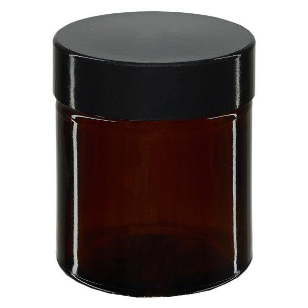 Pot en verre 30ml brun, avec couvercle en bakélite noir Pot en verre 30ml brun, avec couvercle en bakélite noir