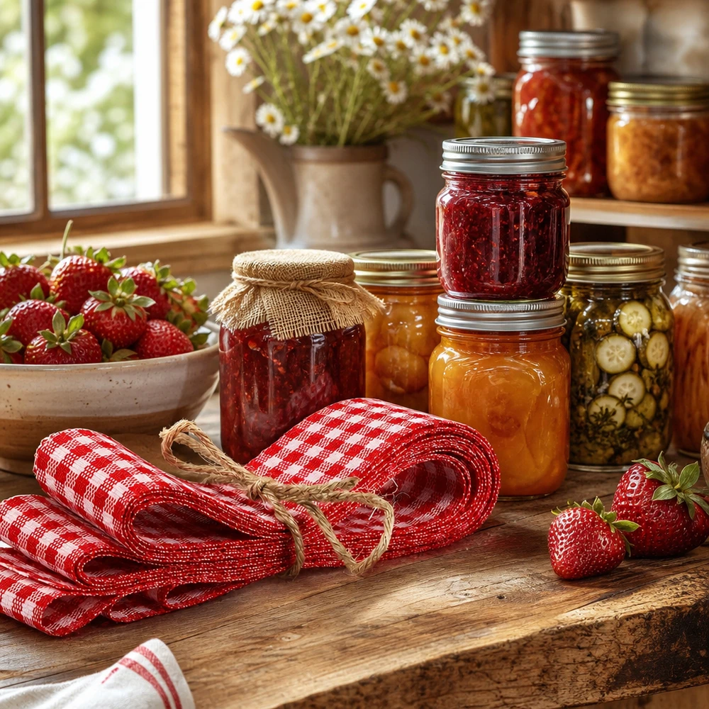 Ruban en tissu rouge et blanc pour la décoration, 300 cm Ruban de tissu à carreaux rouge et blanc 300cm arrangé de manière décorative avec des bocaux et des fraises dans une cuisine rustique