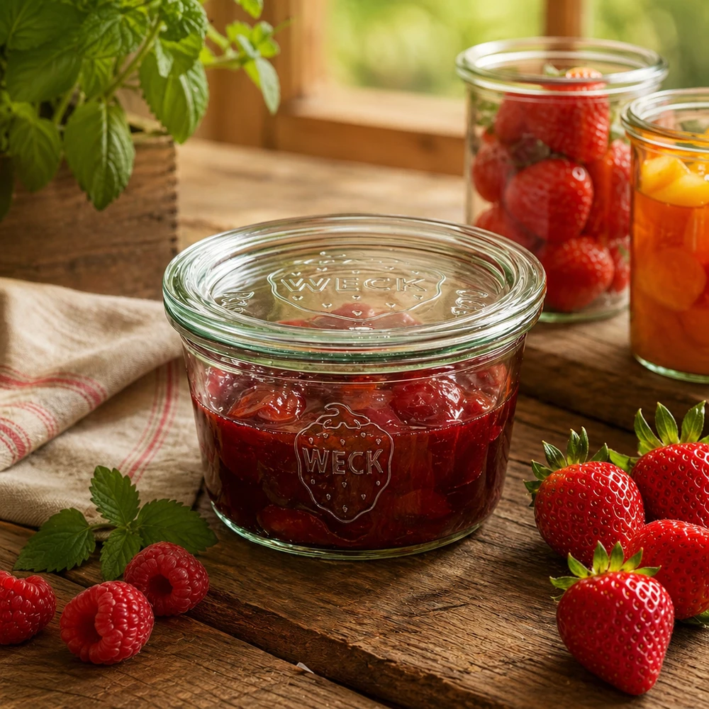 WECK Pot de conserve 290ml rempli de confiture de fraises sur table en bois avec baies fraîches et ambiance cuisine
