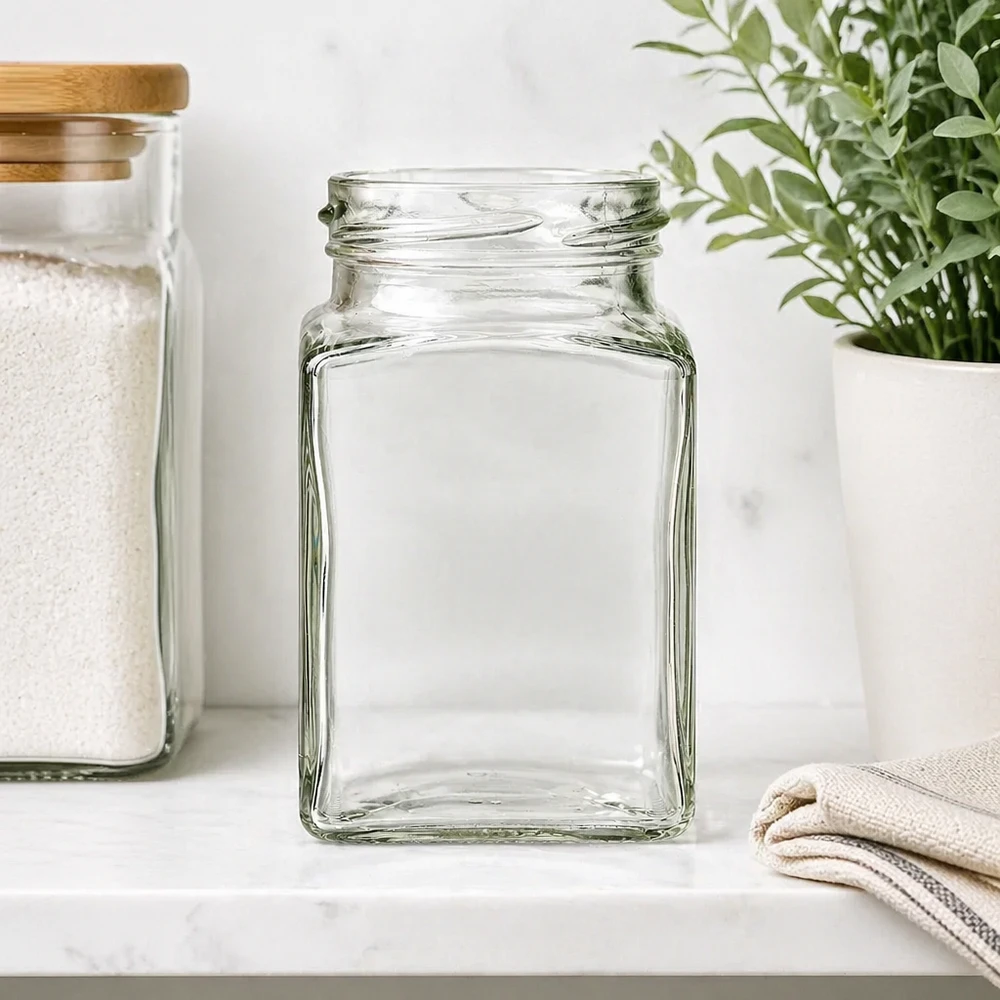 260ml Tetraglas sans couvercle (TO58) UNiTWIST UNiTWIST Tetra260 Pot à 4 coins 260ml TO58 Pot à conserves vide carré transparent pour la cuisine et les provisions