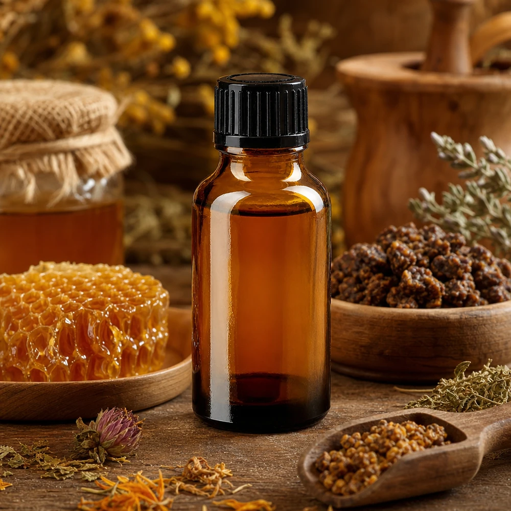 Flacon en verre brun de 20 ml muni d'un bouchon compte-gouttes noir, à côté de nids d'abeilles et de plantes médicinales
