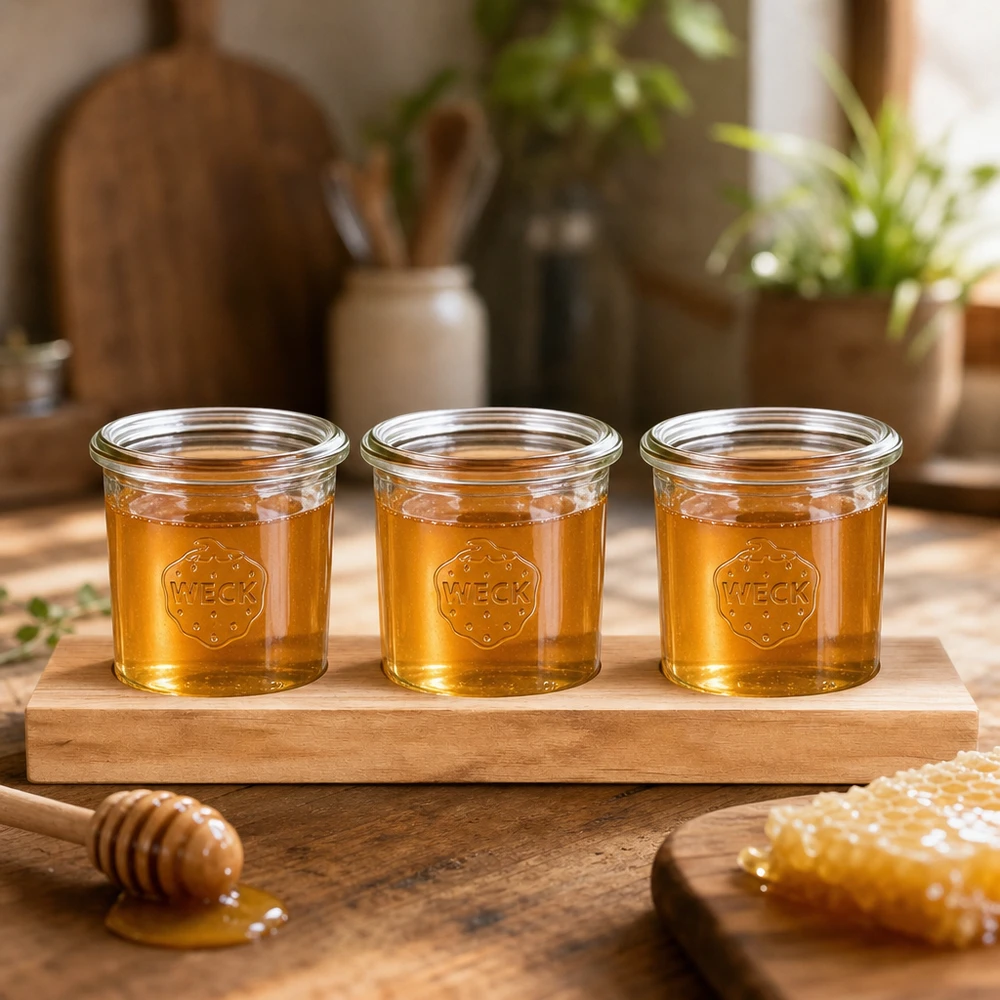 Plateau de service Plano3 avec 3 bocaux Weck de 140 ml Miel présenté naturellement dans des pots WECK de 140 ml sur une planche à servir en bois avec cuillère à miel et alvéoles