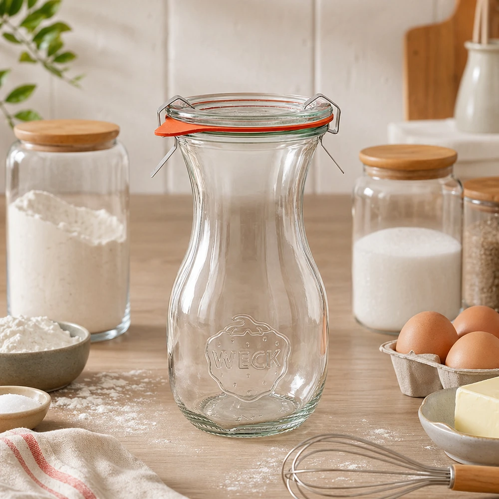 WECK Bouteille de jus 290ml RR60 vide dans une cuisine moderne entre les ingrédients de cuisson et les bocaux à provisions sur le plan de travail