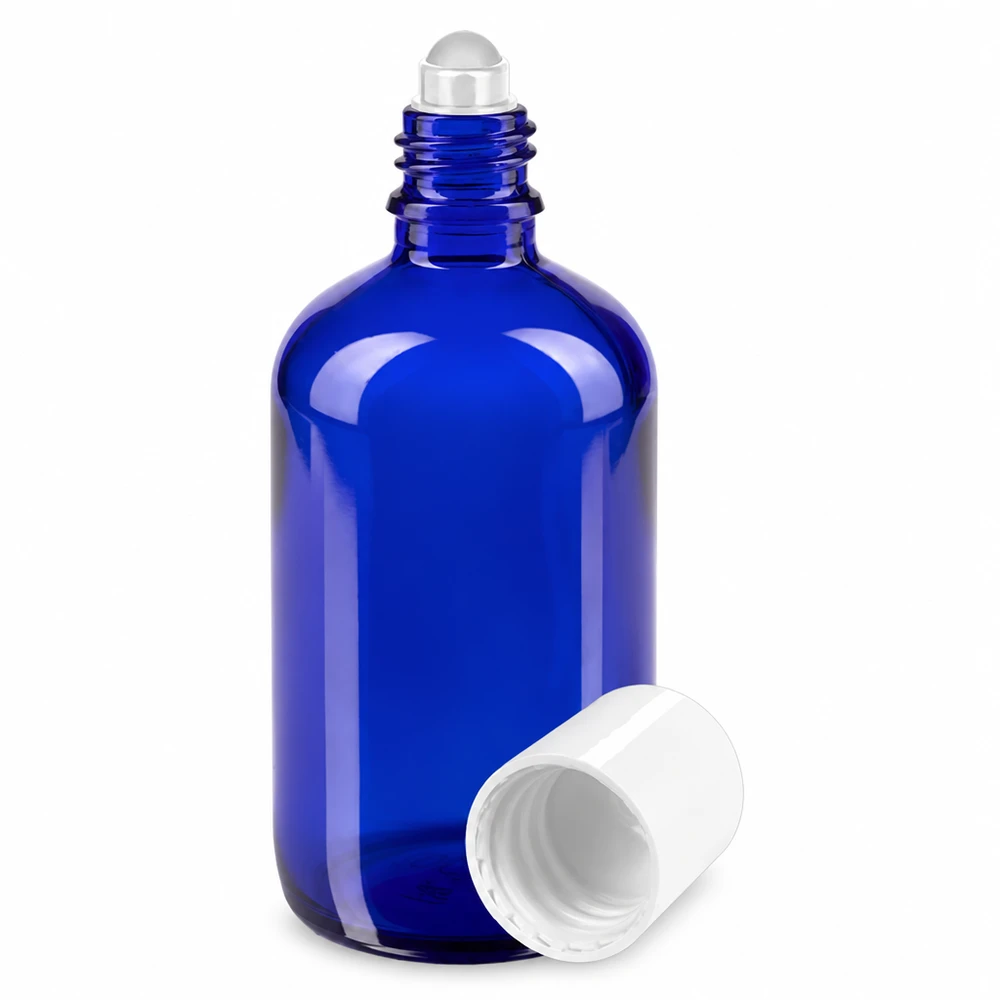 Flacon roll-on bleu de 100 ml en verre d'apothicaire, avec bouchon blanc et bille