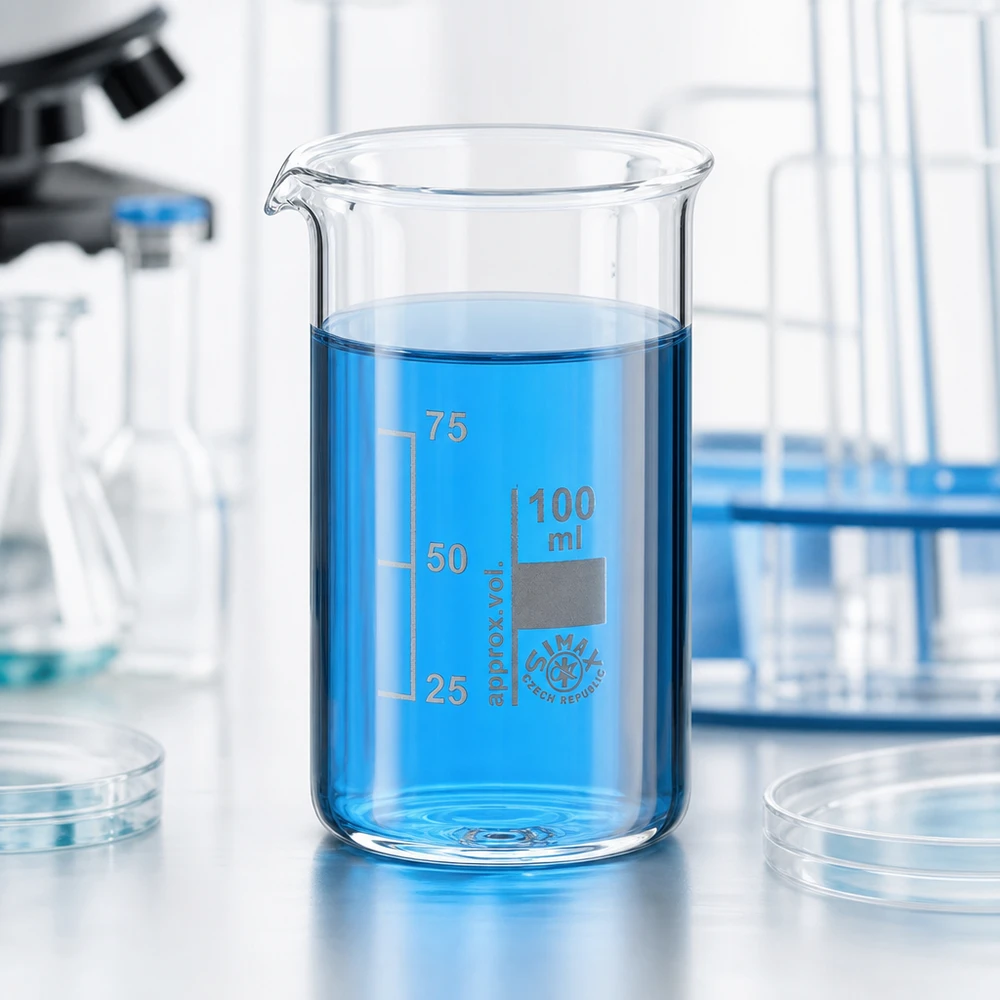 Photo de laboratoire : bécher de 100 ml, forme haute, contenant un liquide bleu sur fond blanc