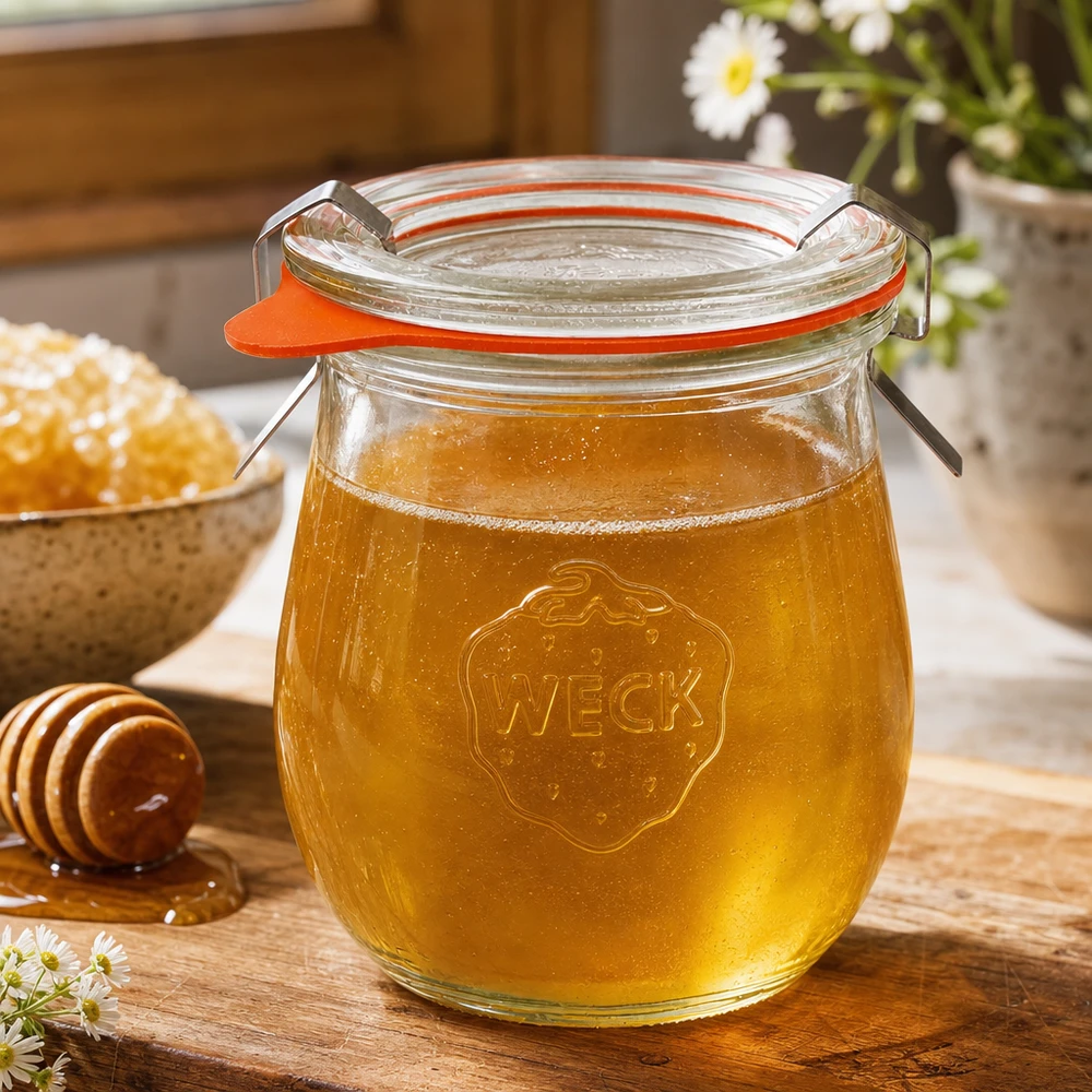 220ml bocal tulipe complet WECK RR60 WECK Pot tulipe 220ml RR60 rempli de miel sur une table en bois à côté d'une cuillère à miel et d'alvéoles dans une cuisine rustique