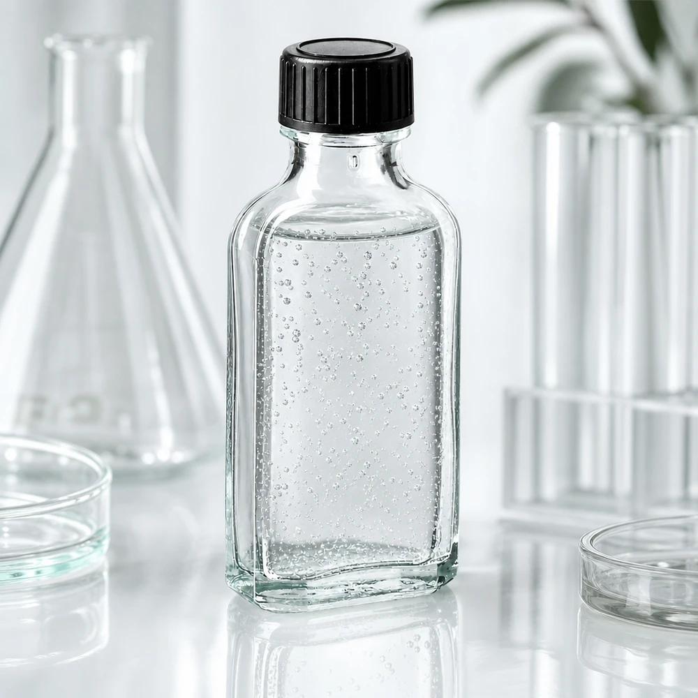 Flasque transparente de 50 ml au goulot DIN 22, avec bouchon à vis DIN 22 noir et joint PEE Flacon en verre transparent « Meplat » de 50 ml, présentant des bulles d'air, destiné à un usage en laboratoire, muni d'un bouchon à vis noir