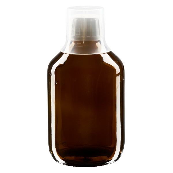 Flacon médical norme européenne de 300 ml, avec bouchon à vis blanc et gobelet doseur de 30 ml