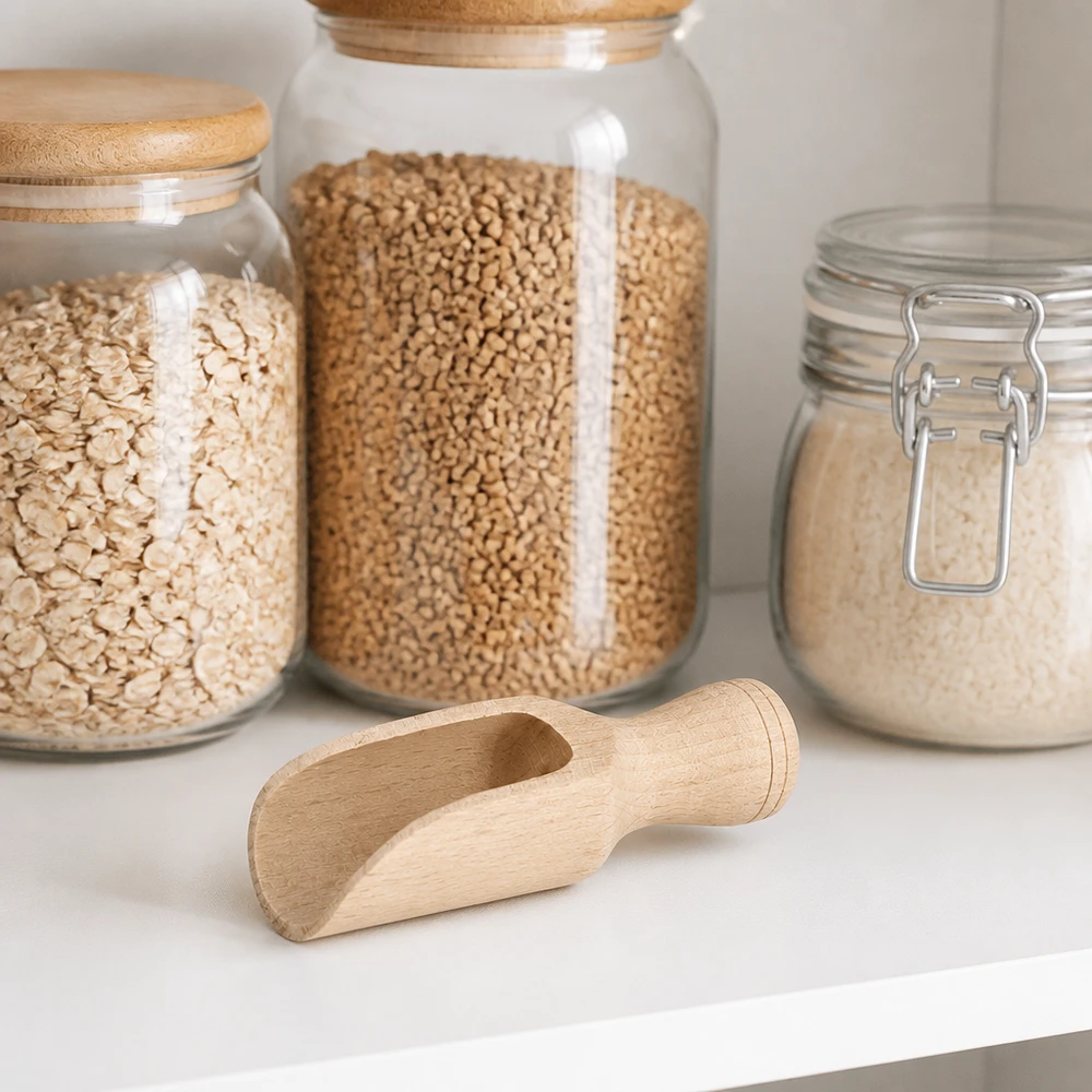 Pelle en bois de hêtre S 7,5cm dans le setting de l'office avec des bocaux de stockage pour les céréales, les légumineuses et la farine