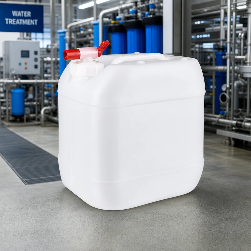 Jerrican de 15 litres avec robinet Bidon de 15 litres adapté au contact alimentaire, équipé d'un robinet, dans une station de traitement de l'eau