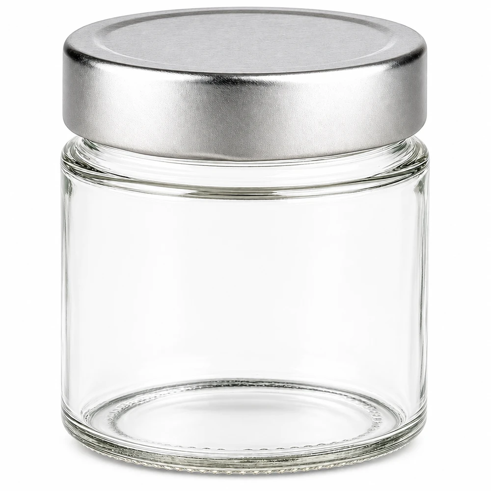 135ml Verre rond avec couvercle BasicSeal argent UNiTWIST Bocal rond de 135ml avec couvercle BasicSeal argenté vide sur fond blanc Bocal de conservation en verre