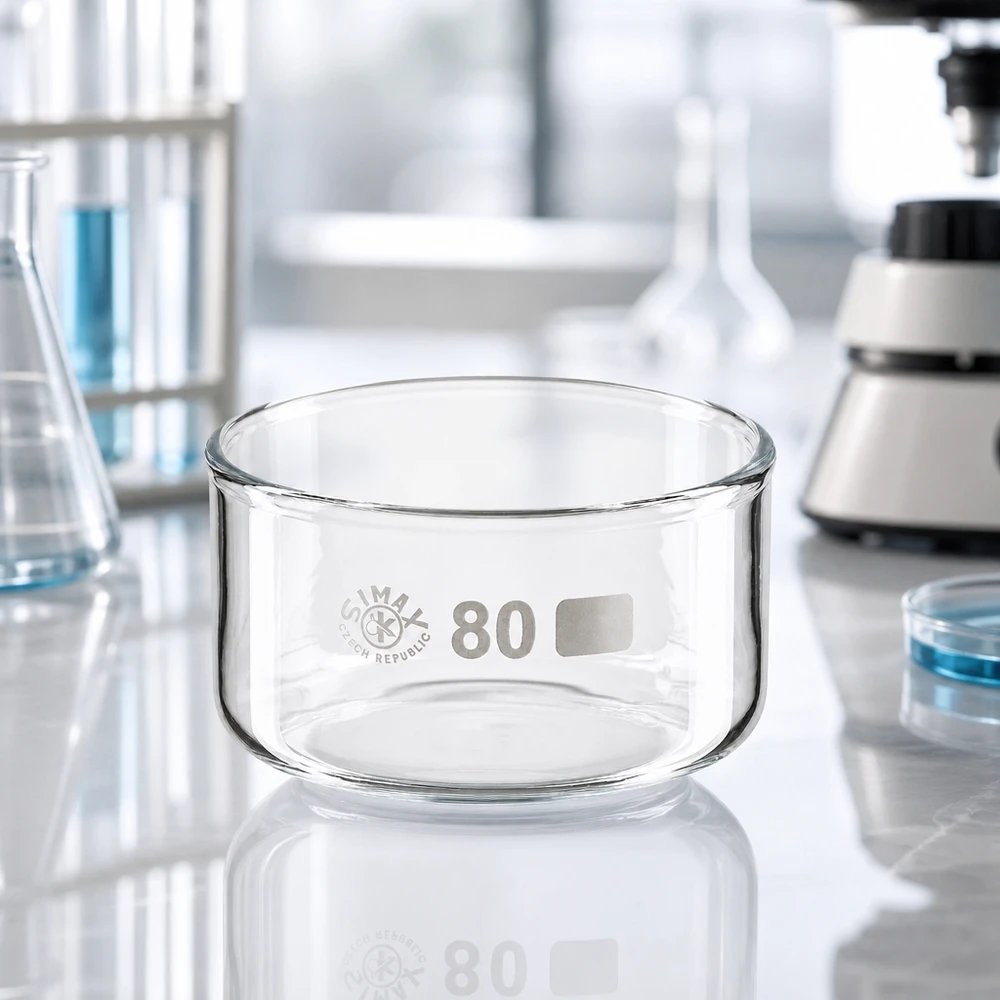 Coupelle de cristallisation 150 ml sans bec verseur Coupelle de cristallisation SIMAX 150 ml, forme cylindrique, sans bec verseur, verre borosilicaté, verrerie de laboratoire, 80 mm