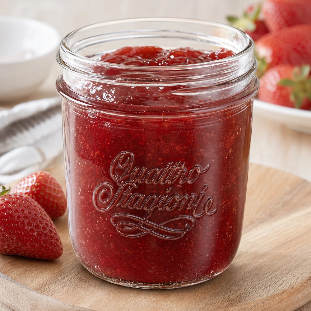 320ml Verre à pied 'Quattro Stagioni' QS86mm Quattro Stagioni Sturzglas 320ml mit Erdbeermarmelade gefüllt auf Holzbrett mit frischen Erdbeeren