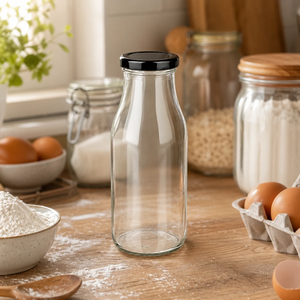 Bouteille en verre de 263 ml avec couvercle noir disposée dans un environnement de cuisine naturel avec des œufs et de la farine