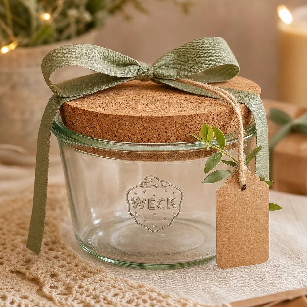 WECK Verre renversé 370ml RR100 avec couvercle en liège comme cadeau décoré avec un ruban vert et un pendentif dans l'ambiance de la maison