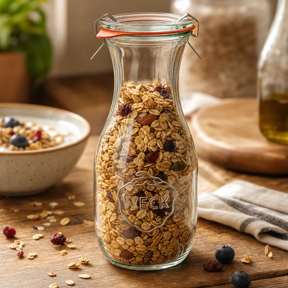 WECK Bouteille de jus de 530 ml RR60 remplie de muesli montre une conservation polyvalente des céréales et des fruits secs