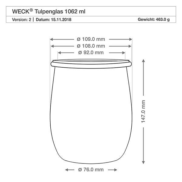 Dessin technique WECK Pot tulipe 1062ml RR100 avec dimensions Diamètre Hauteur pour la planification de la cuisine