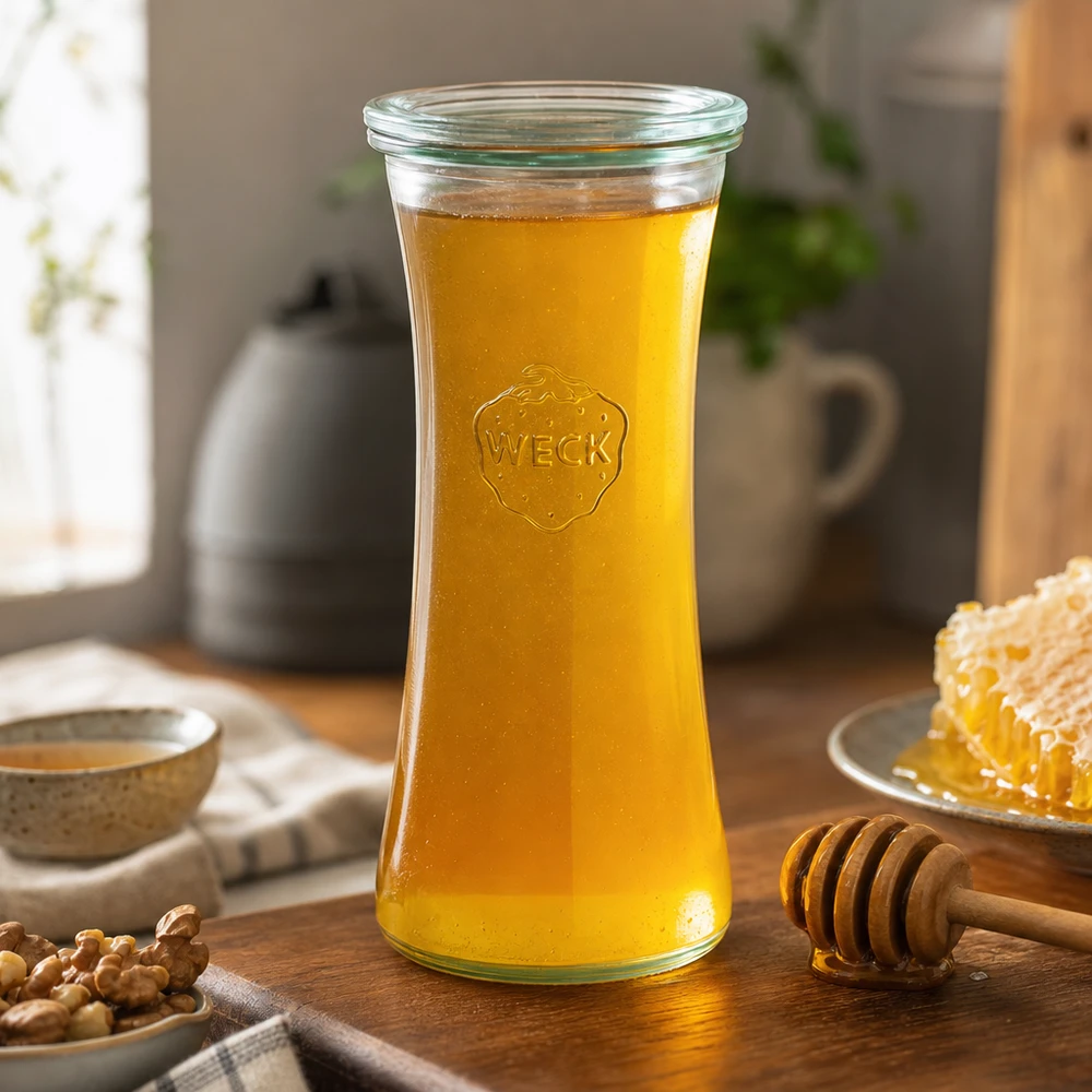WECK Pot d'épicerie fine 700ml RR80 rempli de miel à côté d'un rayon de miel et d'une cuillère à miel dans une cuisine conviviale