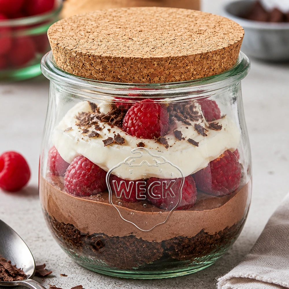 370ml bocal tulipe WECK RR80 avec bouchon nature WECK Pot 370ml RR80 avec couvercle en liège comme pot à dessert pour dessert en couches avec chocolat crème et framboises