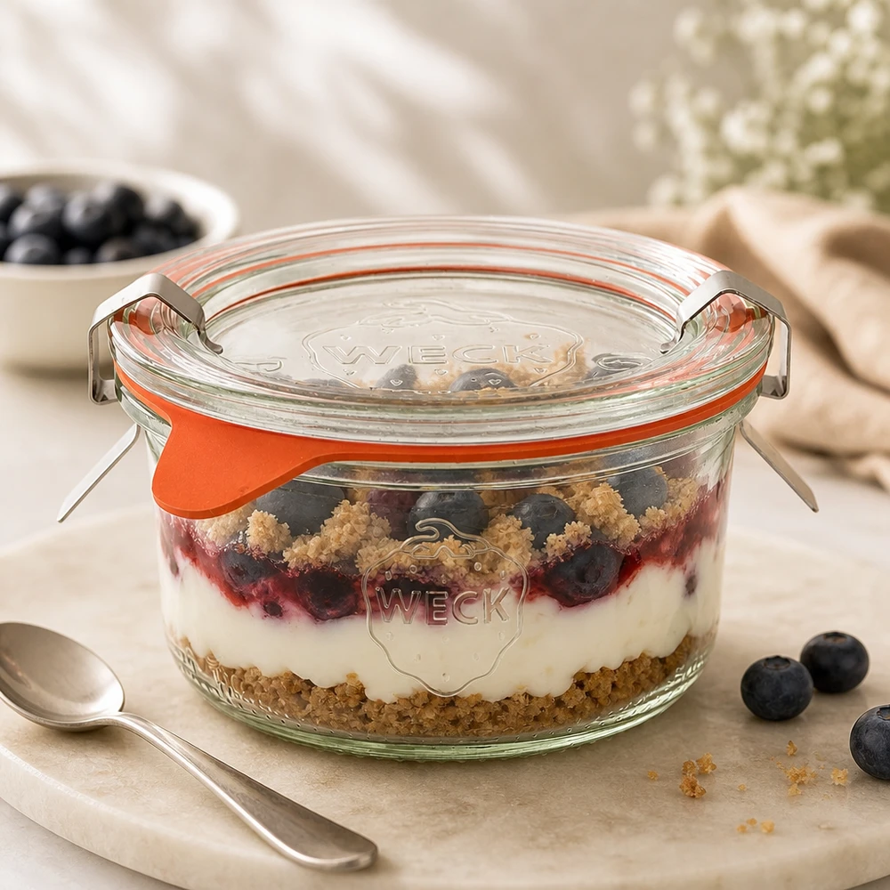 WECK Verre renversé 165ml RR80 avec dessert à couches de myrtilles, yaourt et crumble comme portion sur planche en marbre