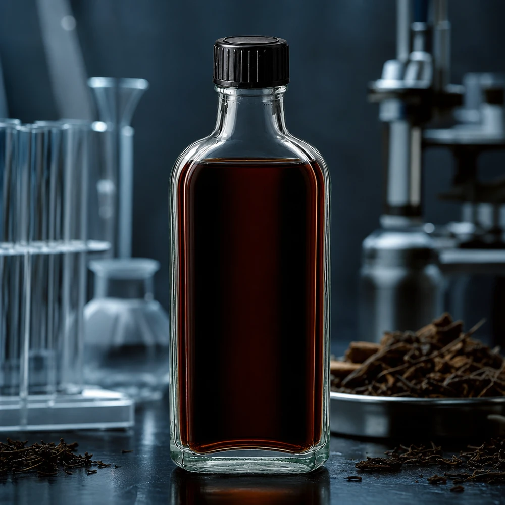 Flasque transparente de 100 ml au goulot DIN 22, avec bouchon à vis DIN 22 noir et joint LKD Flacon rectangulaire en verre Meplat de 100 ml avec joint d'étanchéité LKD et extrait végétal foncé en laboratoire