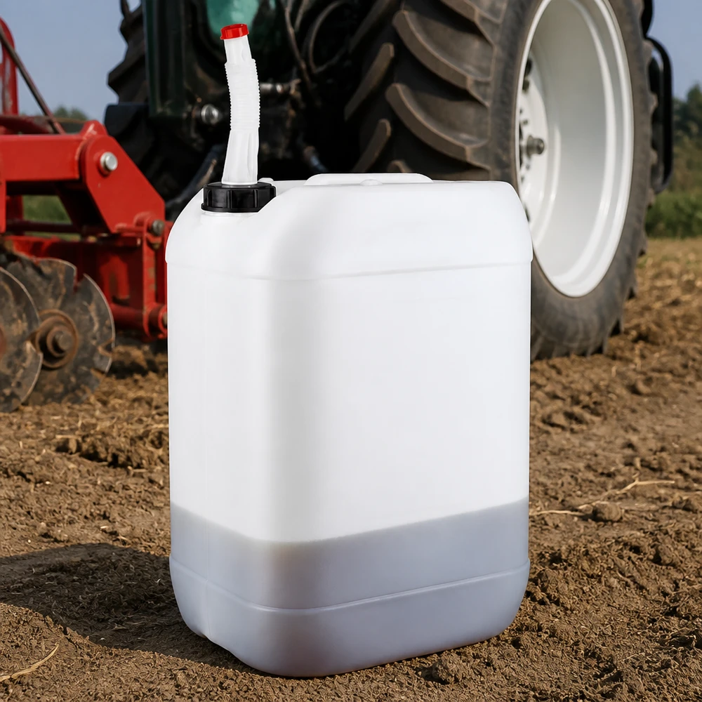 Bidon 25 litres avec tuyau d'écoulement Flex Bidon agricole de 25 litres muni d'un tuyau de vidange flexible, placé à l'avant d'un tracteur dans un champ