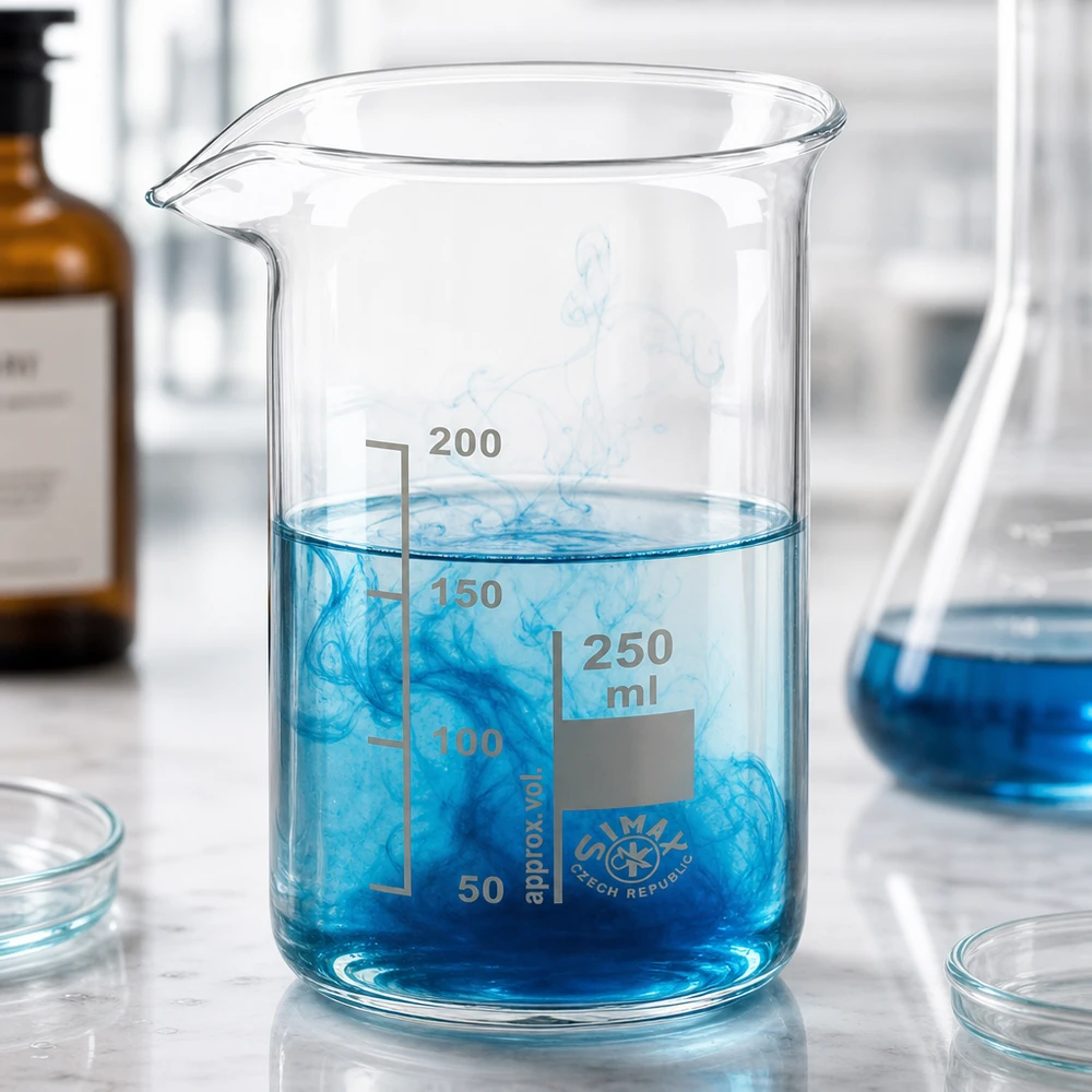 Bécher 250ml en verre borosilicate résistant à la chaleur (forme haute) Bécher de 250 ml, de forme haute, contenant un liquide bleu et des nuages de colorant, dans un environnement de laboratoire
