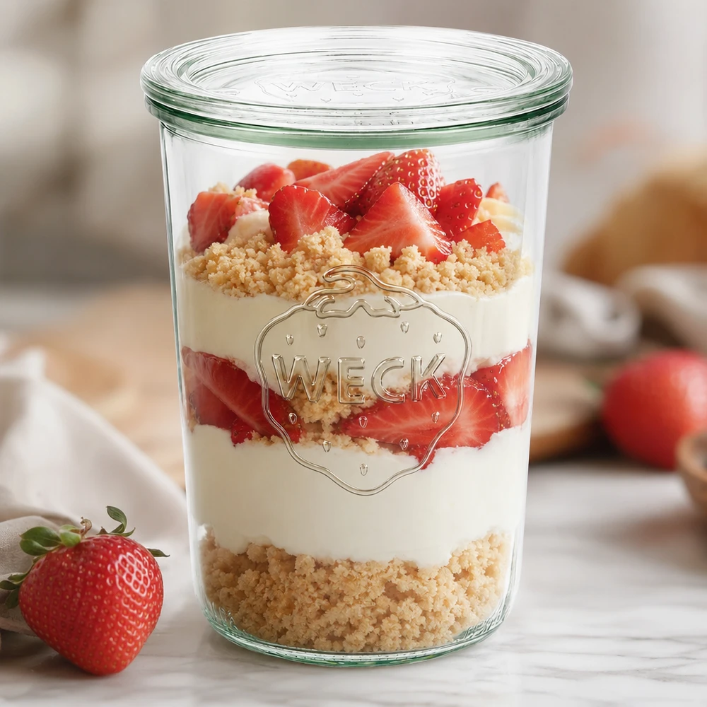 Bocal en verre de 850 ml avec couvercle en verre WECK RR100 WECK Sturzglas 850ml RR100 als stylisches Dessertglas mit Erdbeeren und Creme zeigt moderne Tischpräsentation