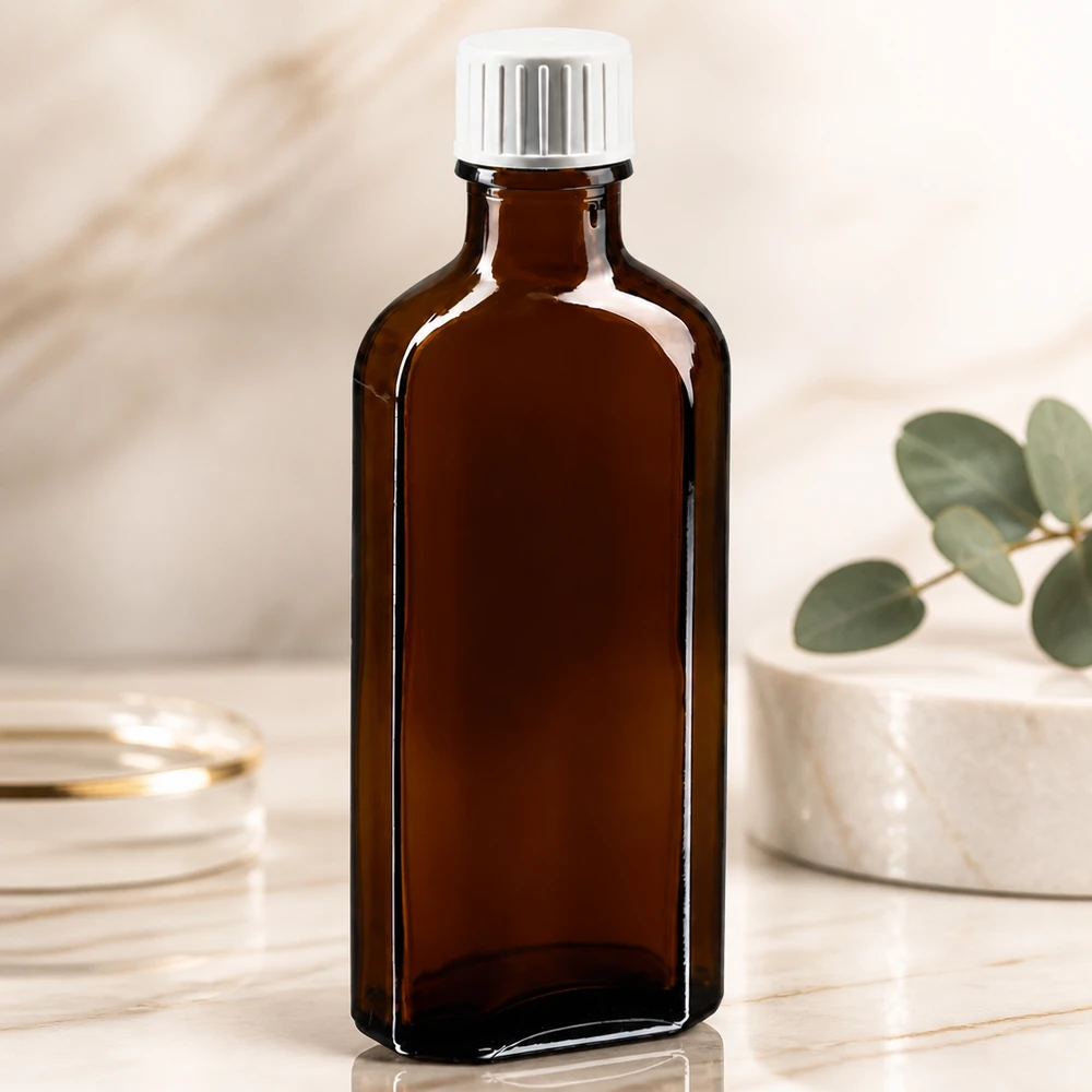 Flacon Meplat de 100 ml en verre ambré, avec bouchon à vis et anneau verseur, posé sur du marbre
