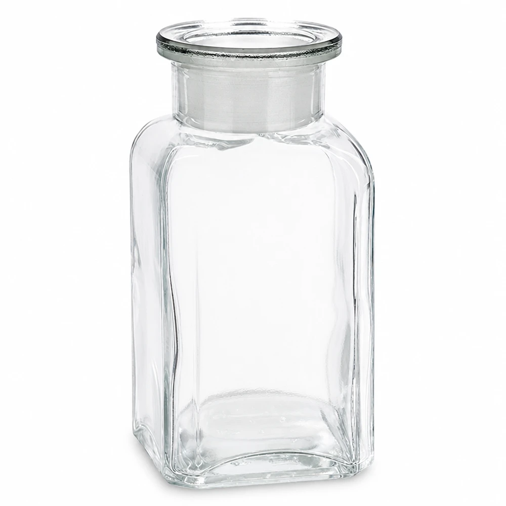 Flacon carré col large 100 ml + bouchon RIN, verre clair Flacon carré transparent de 100 ml avec bouchon en verre, à col large, pour laboratoire et pharmacie