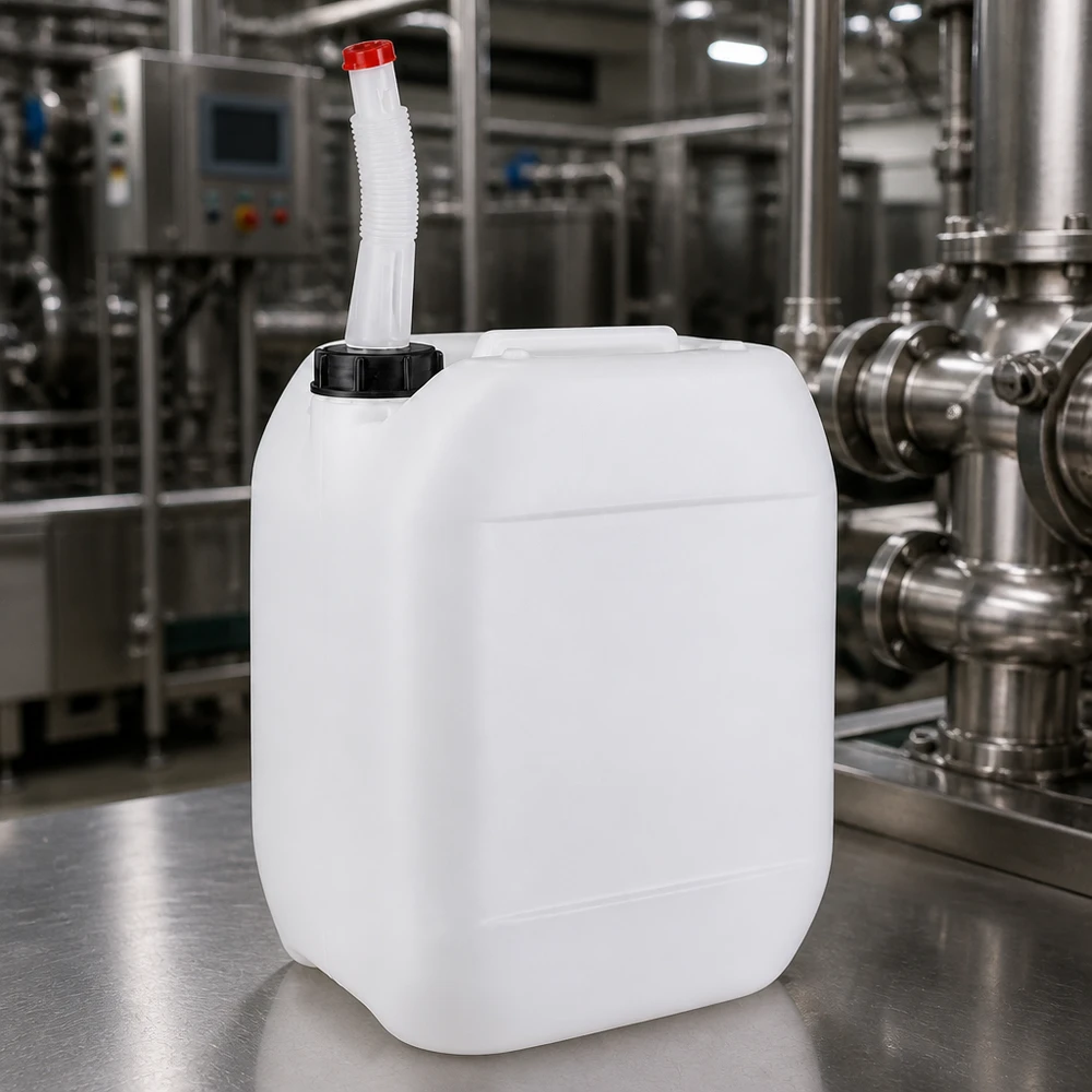 Bidon en HDPE de 10 litres, adapté au contact alimentaire, avec bec verseur flexible pour un dosage sûr des liquides