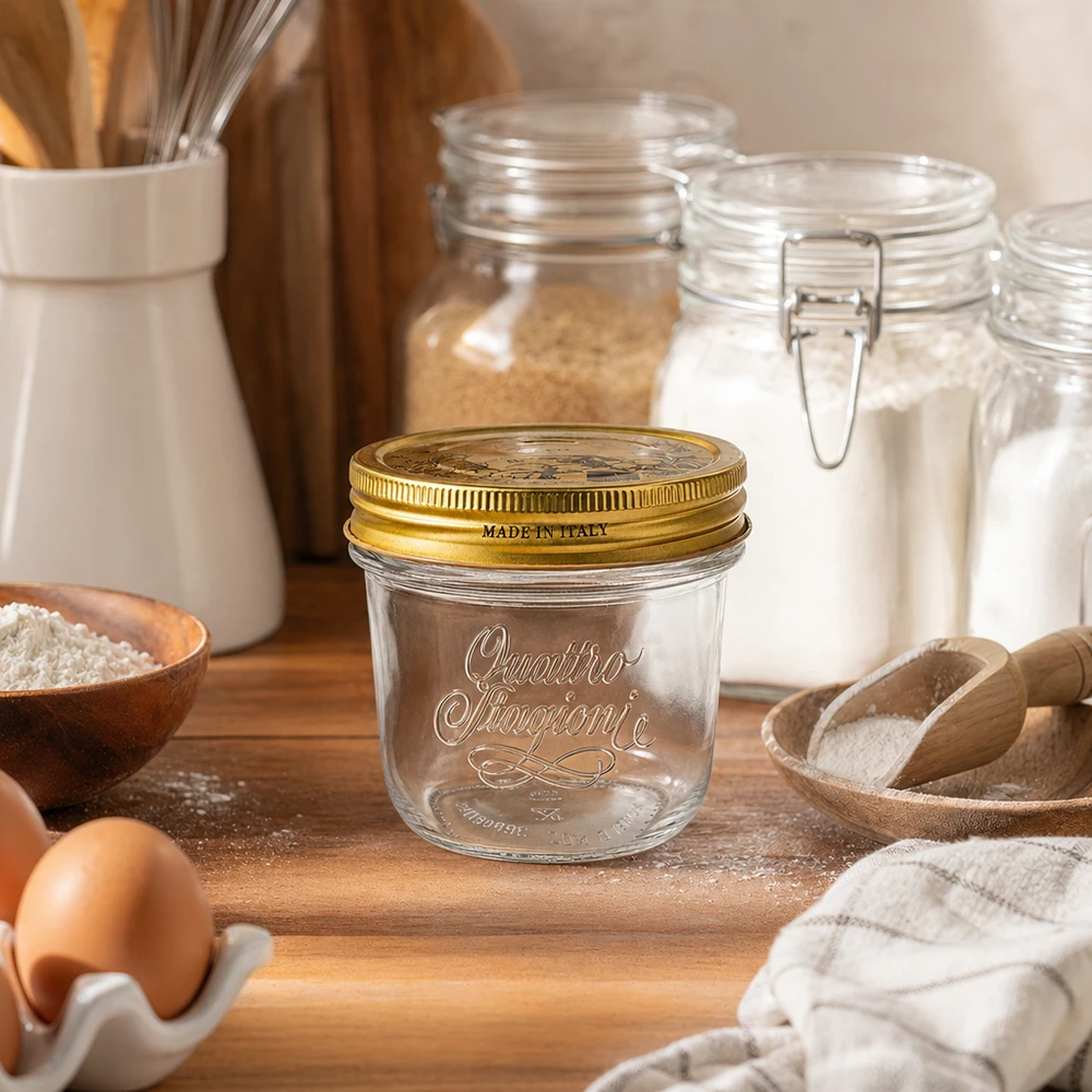 Verre renversé de 200 ml « Quattro Stagioni » avec couvercle 200ml Quattro Stagioni Verre renversé avec couvercle doré sur planche en bois à côté de la farine Œufs et ustensiles de cuisine Made in Italy