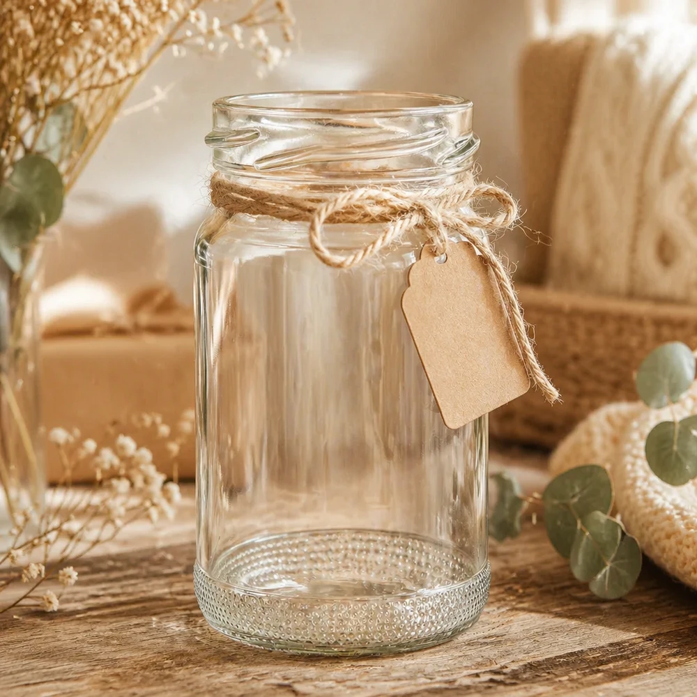 UNiTWIST Runda110 Pot rond 110ml TO48 Pot de conservation décoré avec une corde de jute et un pendentif sur une table en bois