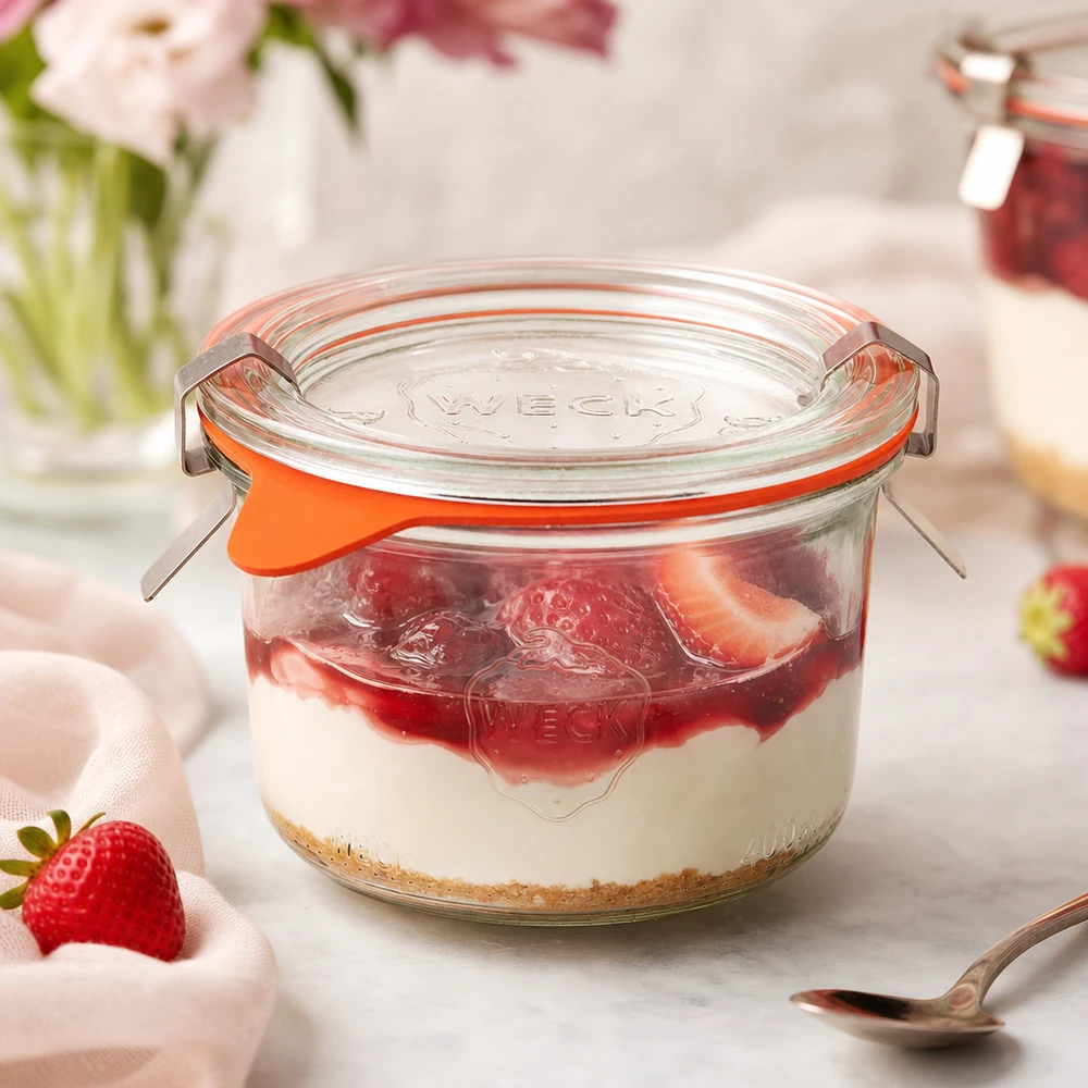 WECK Verre renversé 200ml RR80 rempli de dessert à la fraise comme verre portion pour le tiramisu et les desserts sucrés