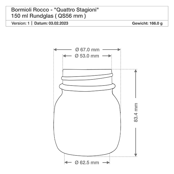 Verre rond 150ml Quattro Stagioni Bormioli Rocco dessin technique avec mesures et indication de poids 166g