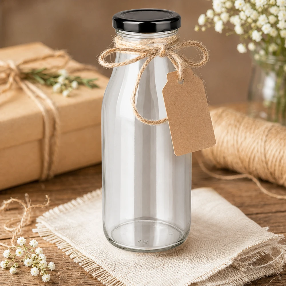 263ml Bouteille avec couvercle BasicSeal noir UNiTWIST Bouteille en verre de 263 ml avec couvercle noir emballée de manière décorative avec une corde de jute et une étiquette cadeau sur une table en bois