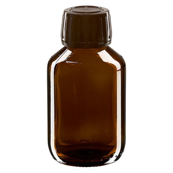 Flacon médical 100 ml couleur ambrée avec bouchon brun Flacon médical 100 ml couleur ambrée avec bouchon brun