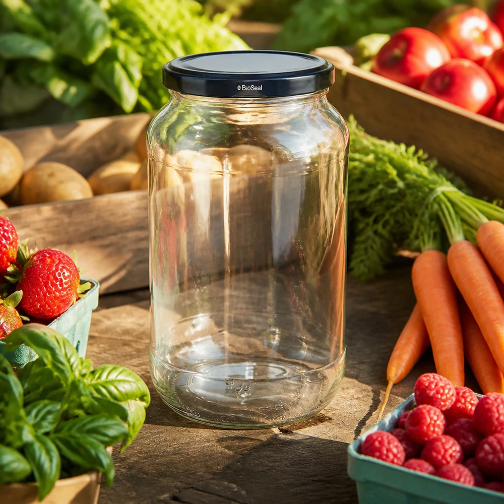 1062ml Verre rond avec couvercle BioSeal noir UNiTWIST UNiTWIST Bocal rond 1062 avec couvercle noir TO82 BioSeal entouré de légumes frais fruits conservation des aliments