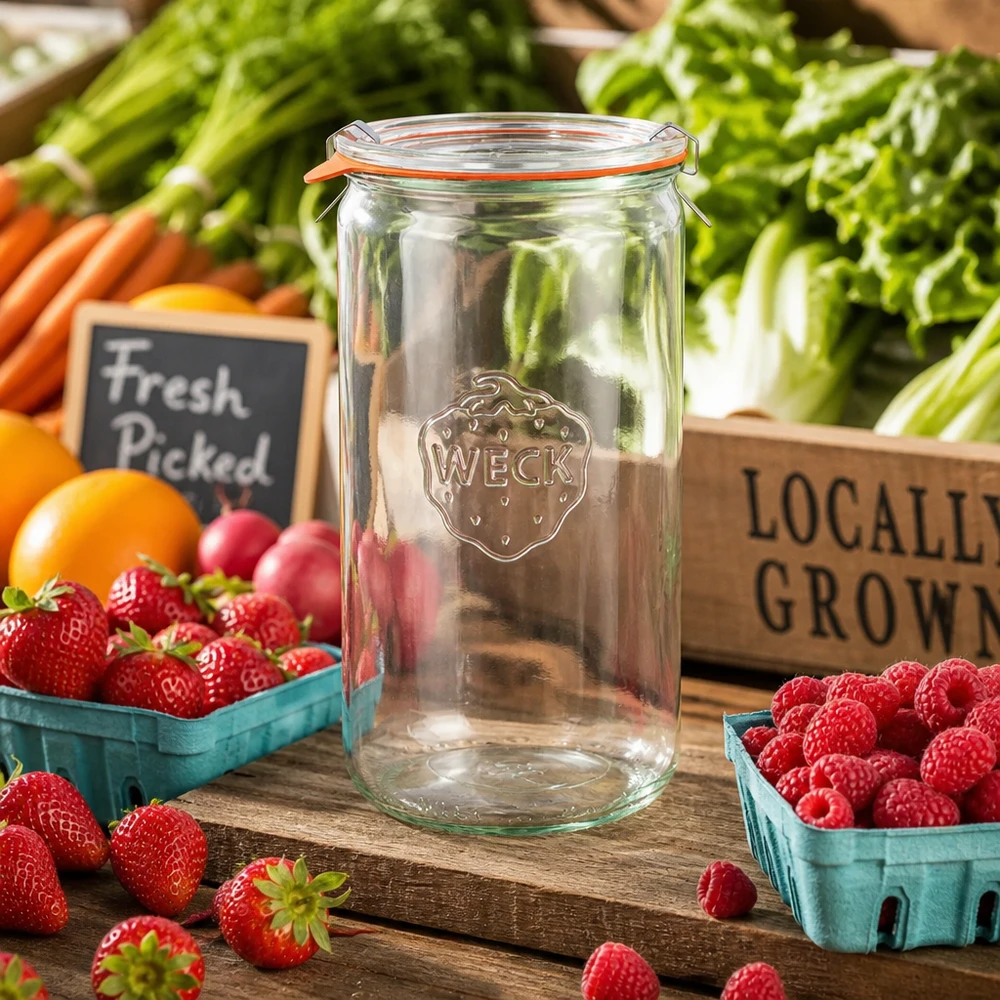 1590ml bocal cylindrique complet WECK RR100 WECK Pot cylindrique 1590ml RR100 vide sur table en bois avec baies fraîches légumes ambiance étal de marché produits locaux