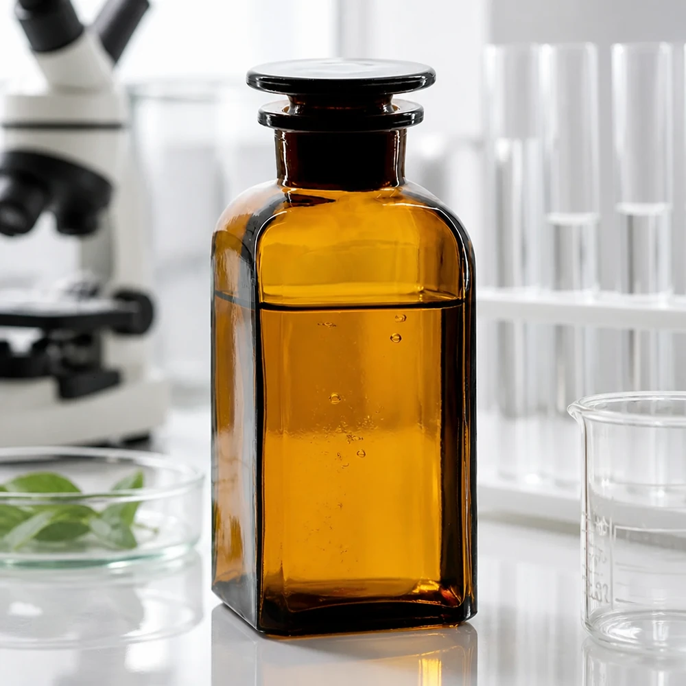Flacon carré col large 350 ml + bouchon RIN, verre ambré Flacon de laboratoire brun de 350 ml, de forme carrée, muni d'un bouchon en verre, à côté d'un microscope et de tubes à essai