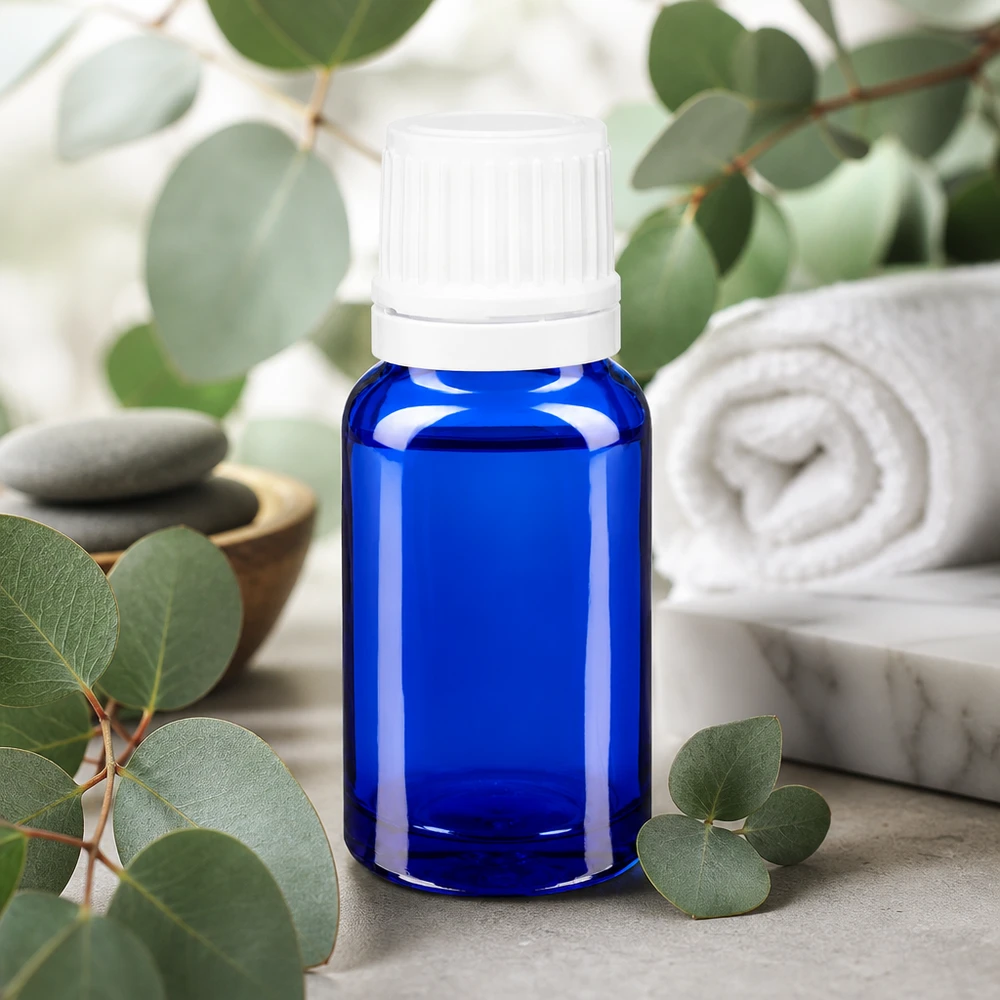 Flacon compte-gouttes bleu cobalt de 10 ml muni d'un bouchon OV blanc, devant des branches d'eucalyptus